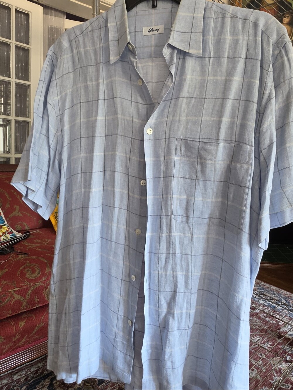 Brioni Light Blue Windowpane Button-Down Short Sleeve Shirt
